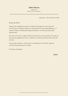 Carta de Julien Moreau a su hermano Émile sobre su llegada a Valparaíso