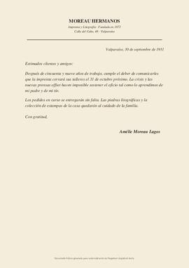 Circular de Amélie Moreau Lagos anunciando el cierre de la imprenta