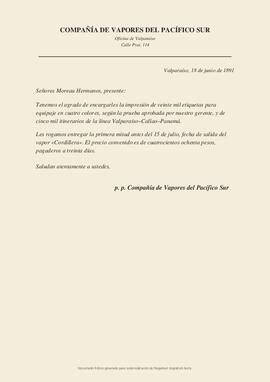 Carta de la Compañía de Vapores del Pacífico Sur con un encargo de etiquetas e itinerarios
